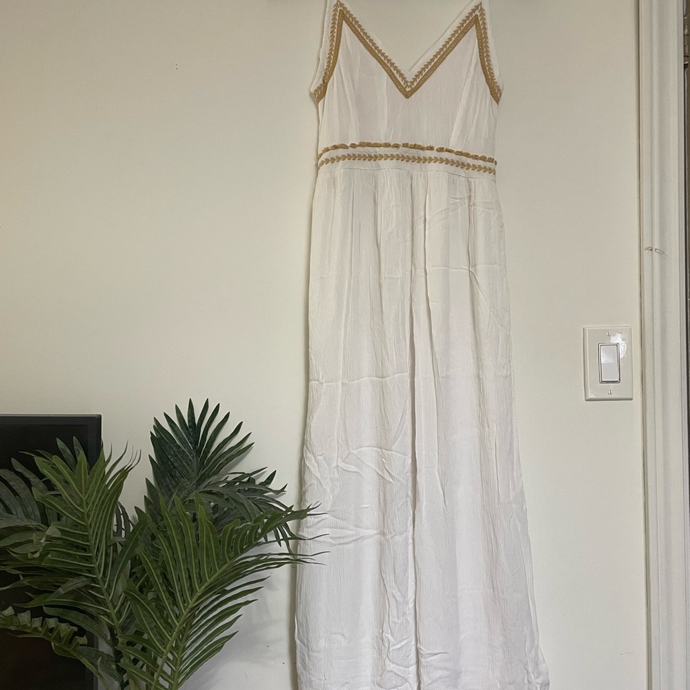 Elegant White Maxi Dress with Gold Trim